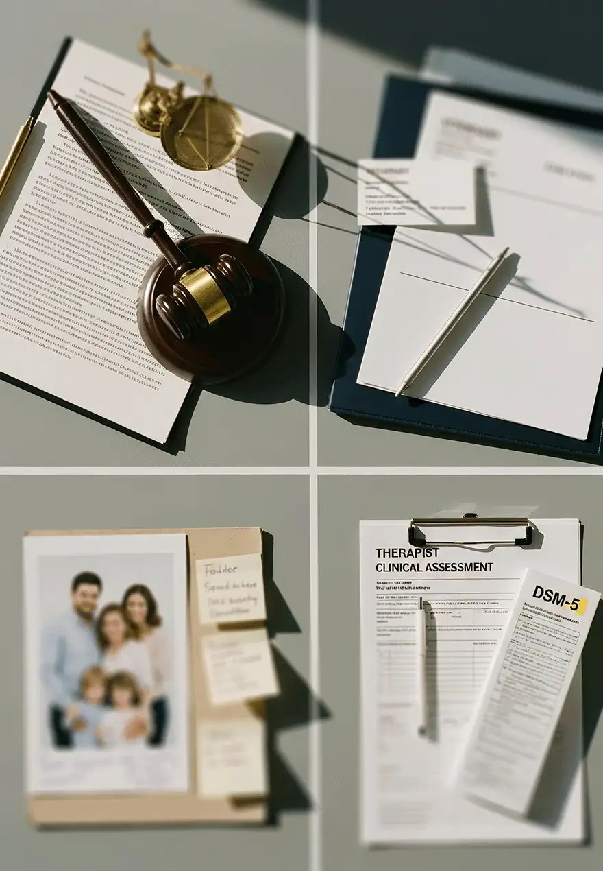 Four-quadrant image showing gavel and scales, legal documents, family photo, and clinical assessment forms representing courts, attorneys, parents, and mental health professionals