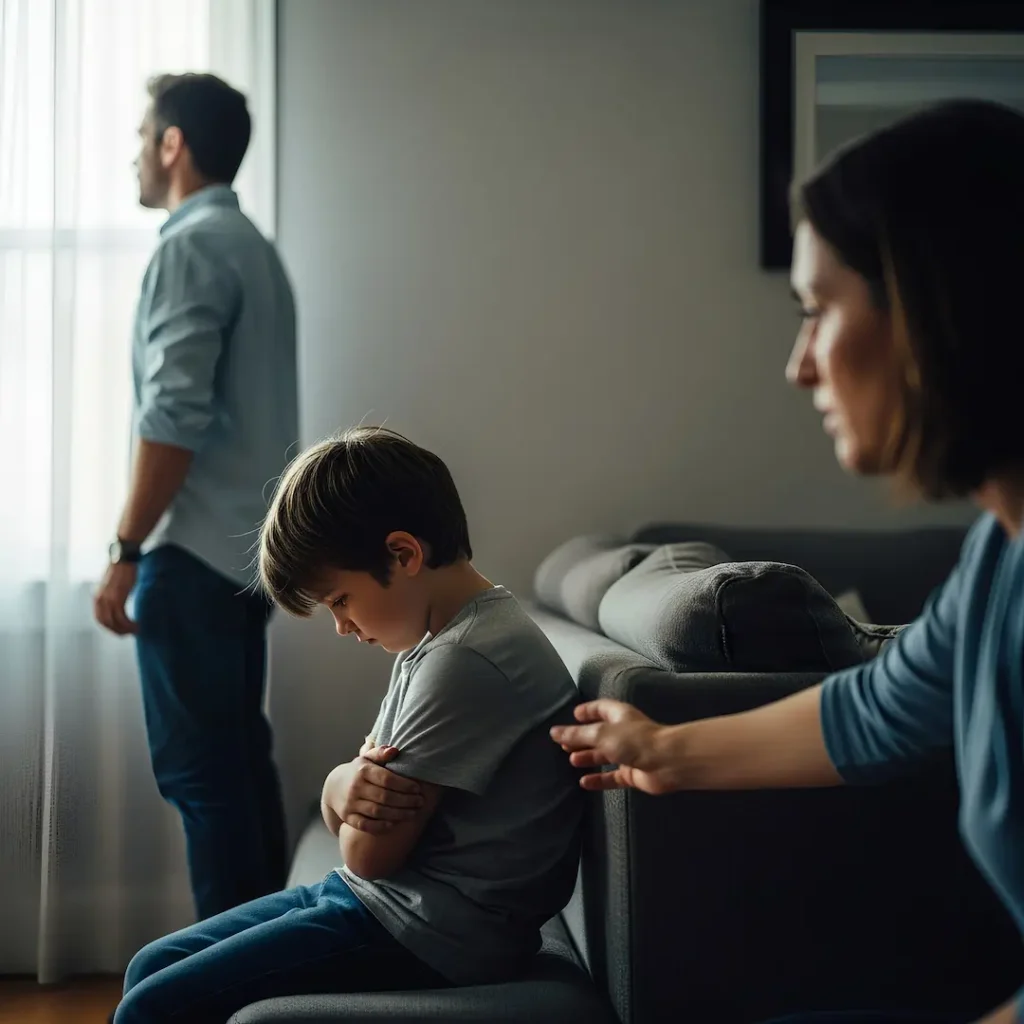 Young child sitting withdrawn on couch between separated parents, father turned away in background, mother reaching toward child, depicting family conflict and parental alienation