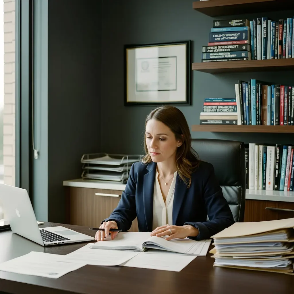 Mental health professional or attorney reviewing case documents at desk in office with child psychology and family law books, depicting professional consultation for parental alienation cases