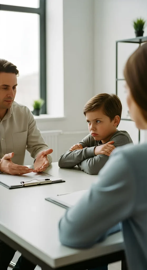 A psychologist observes an alienated father trying to talk with his child, a victim of parental alienation, who shows total distain for the parent