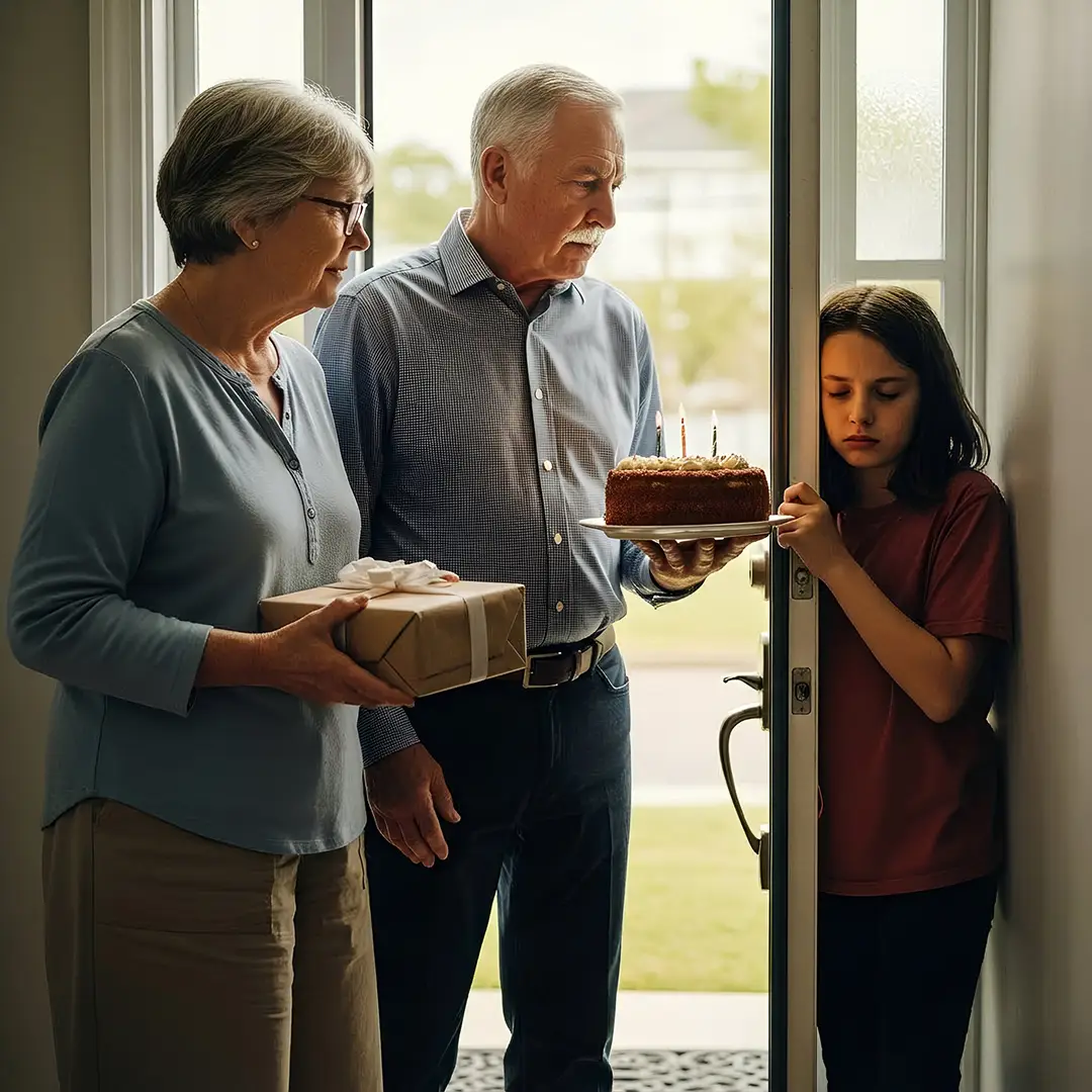 grandparents stand at the doorway holding a birthday cake and wrapped present but the child with cognitive impairment from alienation stays behind the door not wanting to engage