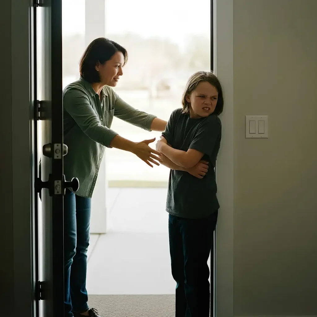 A parent comes to collect their child and tries to give them a hug in the doorway but the child pulls away, avoiding any contact