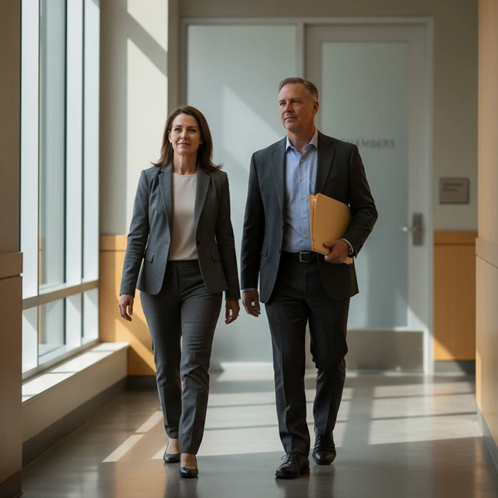 A parent walks alongside a forensic professional through a family court corridor toward a meeting room, conveying the structured pathway of professional intervention when early action is needed to address parental alienation.