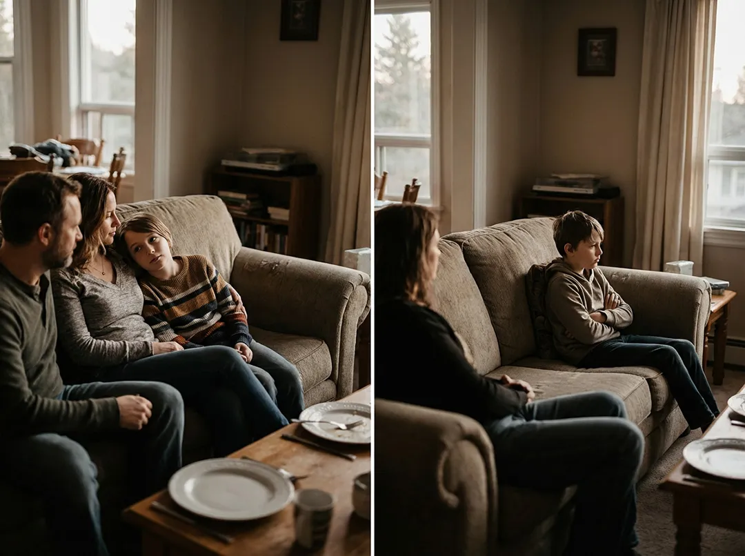 Side-by-side comparison showing the difference between normal parental preference and pathological rejection: one child sits comfortably between both parents while leaning slightly toward one; another child sits rigidly distant from a parent with arms crossed and face turned away in active rejection.