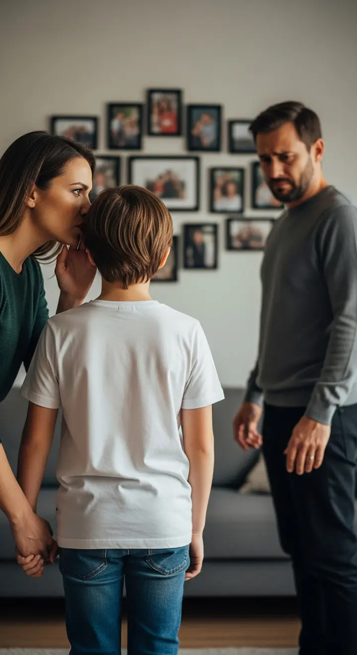 Child holding hands with one parent while turning away from the other, symbolizing parental alienation and emotional distancing after divorce.