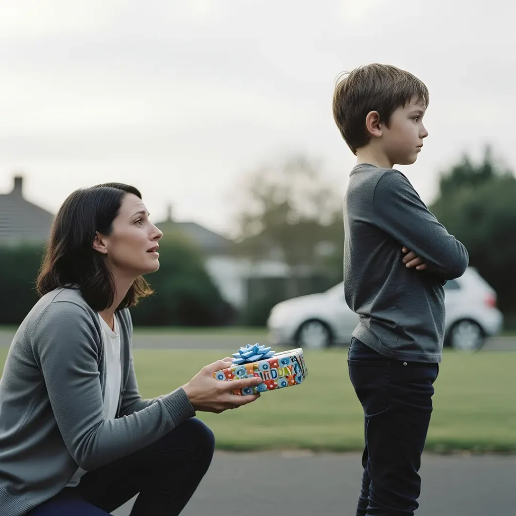 a mother tries to give a gift to her child but the child has his back turned on her due to parental alienation