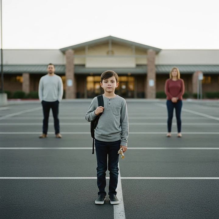 A child stands calmly at the midpoint of a custody exchange, maintaining composed and balanced posture between two parents in the background, illustrating that some children navigate parental separation with resilience despite pressures to choose sides.